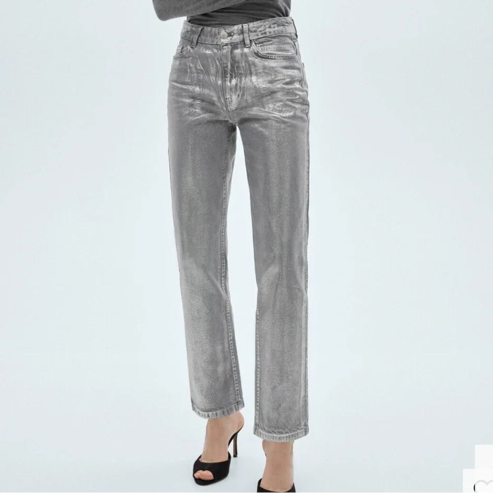 Mango Silver Shimmer High-Rise Jeans STRAIGHT FOIL JEANS 7131
